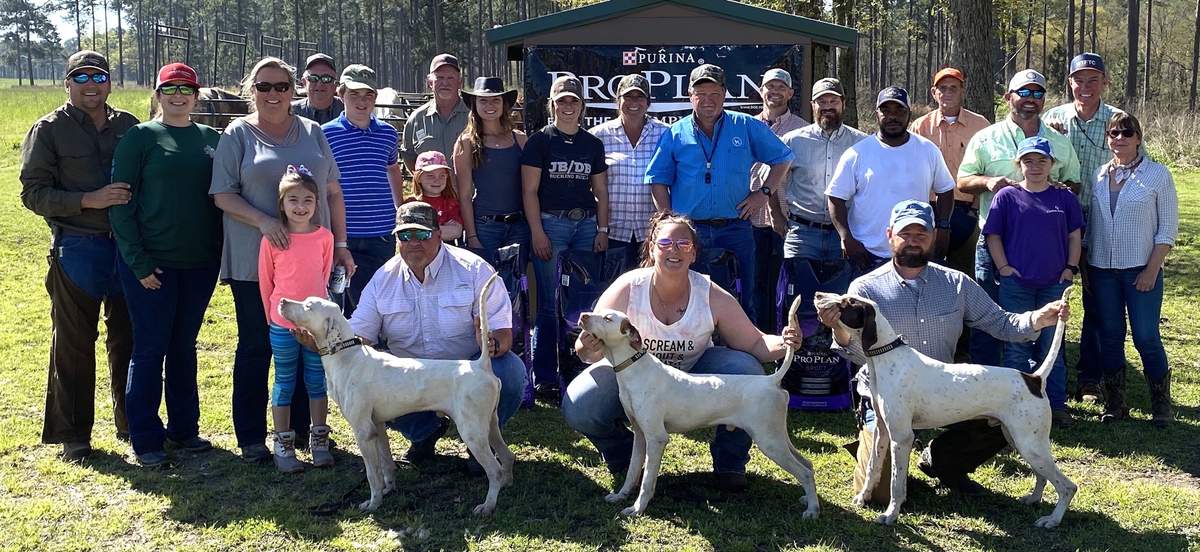 Open All-Age Winners. Front: Tracy Swearingen w/ winner, Touch's Red Rider, handled by Luke Eisenhart; Haley Moreland w/ runner-up Touch's Gallatin Fire, handled by Mark McLean; and Judd Carlton w/ third-placed Rebel Cause, handled by Jamie Daniels